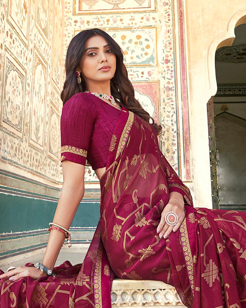 Vishal Prints Wine Brasso Saree With Border