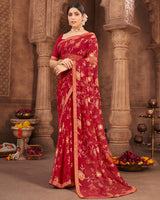Vishal Prints Dark Red Brasso Saree With Foil Print And Zari Border