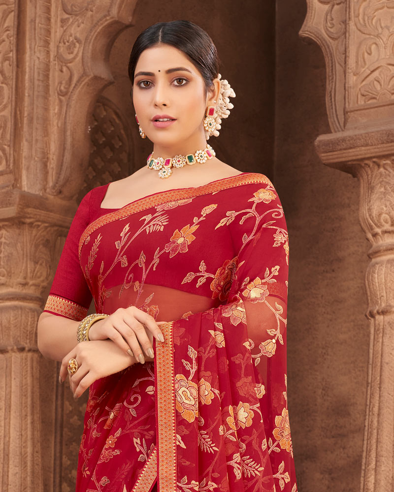 Vishal Prints Dark Red Brasso Saree With Foil Print And Zari Border