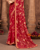 Vishal Prints Dark Red Brasso Saree With Foil Print And Zari Border