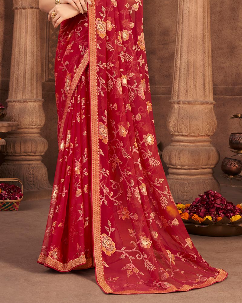 Vishal Prints Dark Red Brasso Saree With Foil Print And Zari Border
