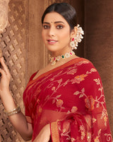 Vishal Prints Dark Red Brasso Saree With Foil Print And Zari Border