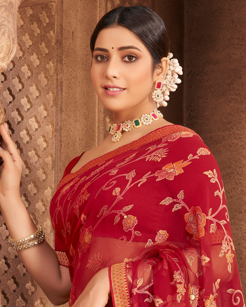 Vishal Prints Dark Red Brasso Saree With Foil Print And Zari Border