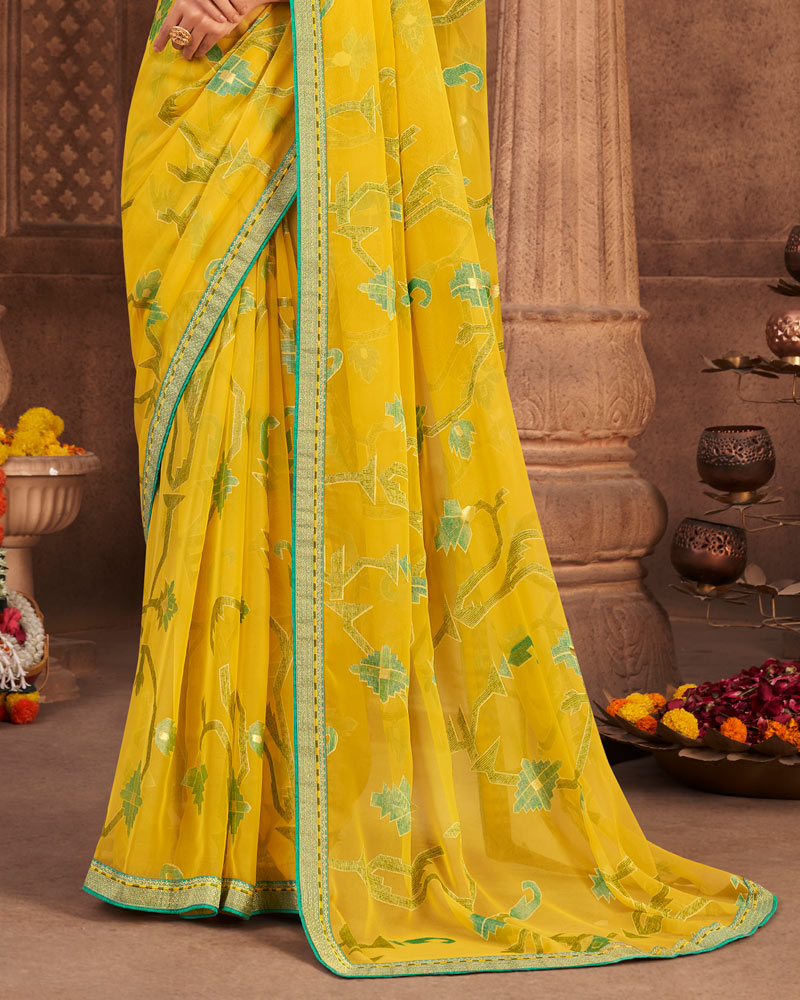 Vishal Prints Yellow Brasso Saree With Foil Print And Zari Border