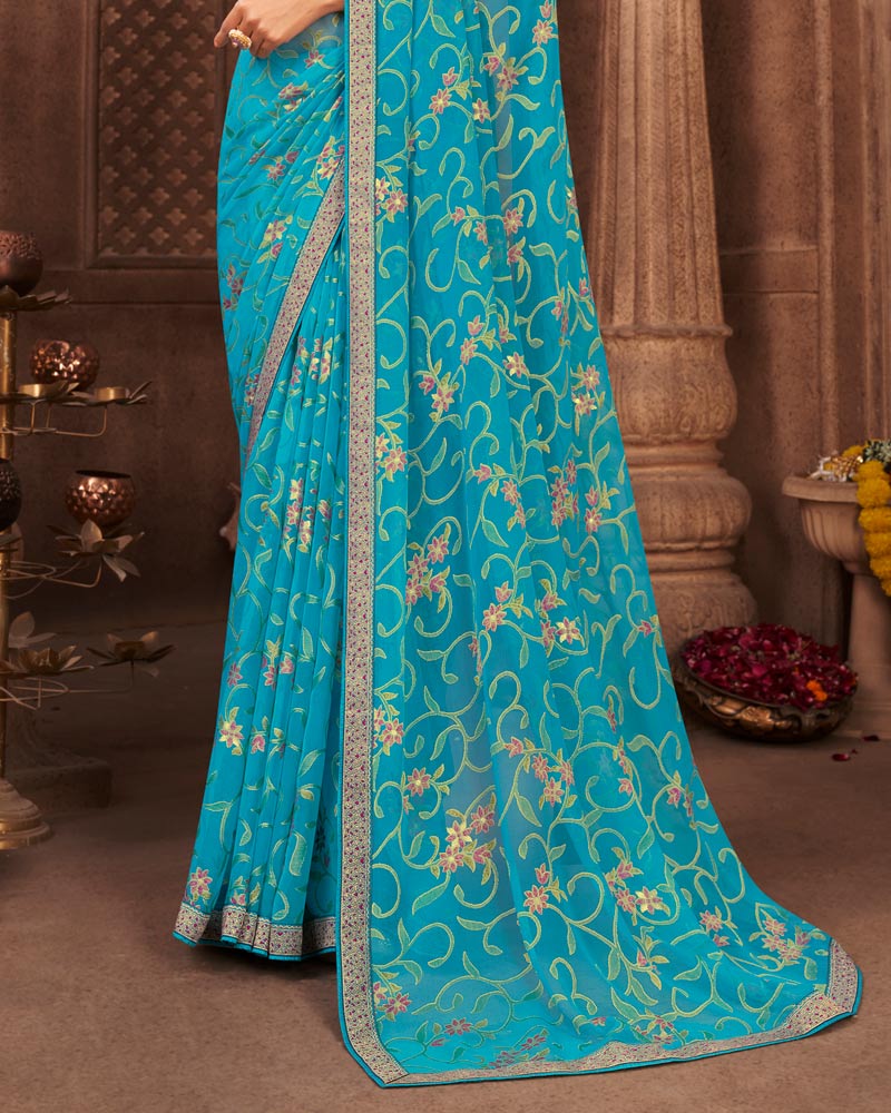 Vishal Prints Blue Brasso Saree With Foil Print And Zari Border