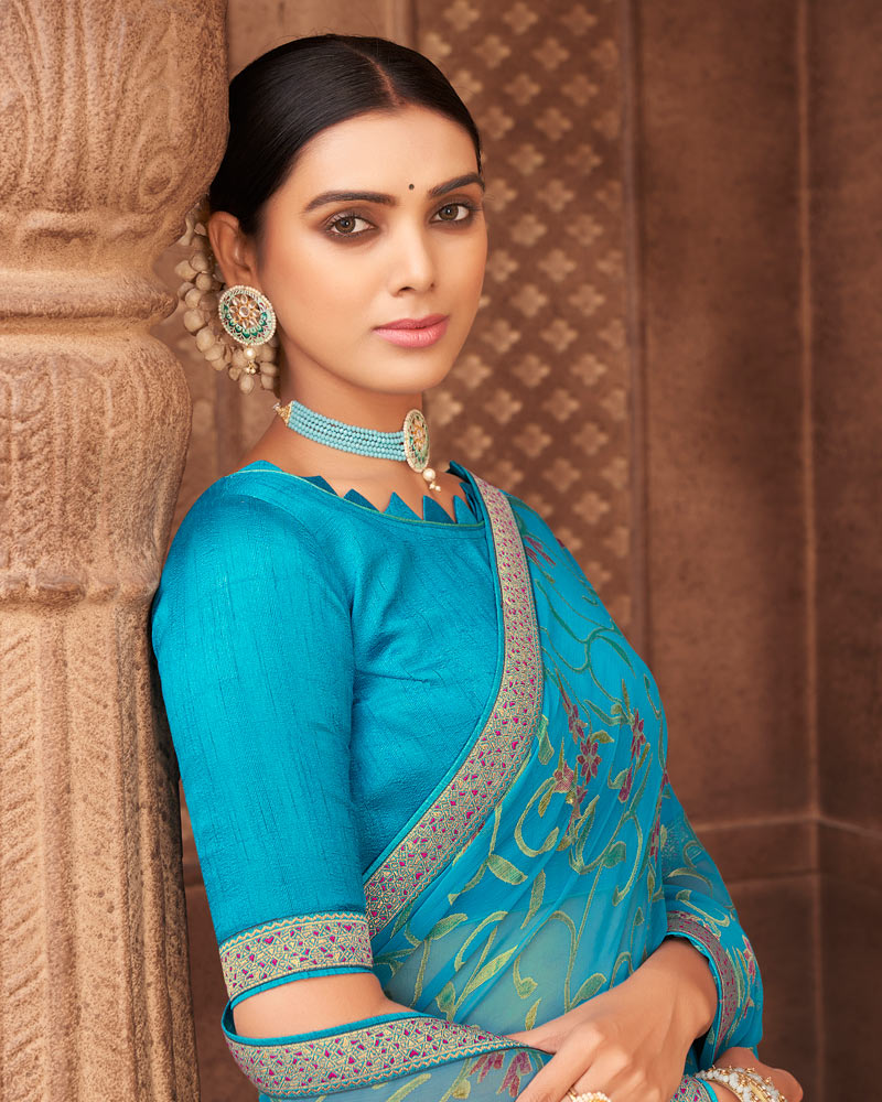 Vishal Prints Blue Brasso Saree With Foil Print And Zari Border