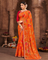 Vishal Prints Dark Orange Brasso Saree With Foil Print And Zari Border