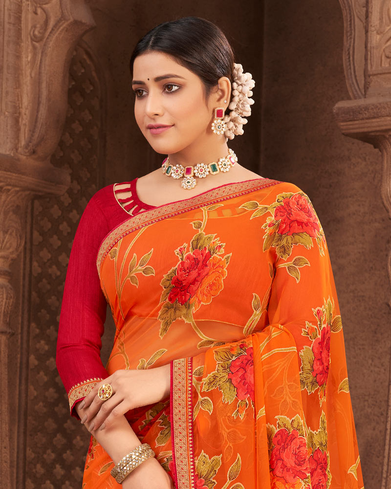 Vishal Prints Dark Orange Brasso Saree With Foil Print And Zari Border