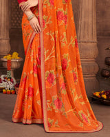 Vishal Prints Dark Orange Brasso Saree With Foil Print And Zari Border