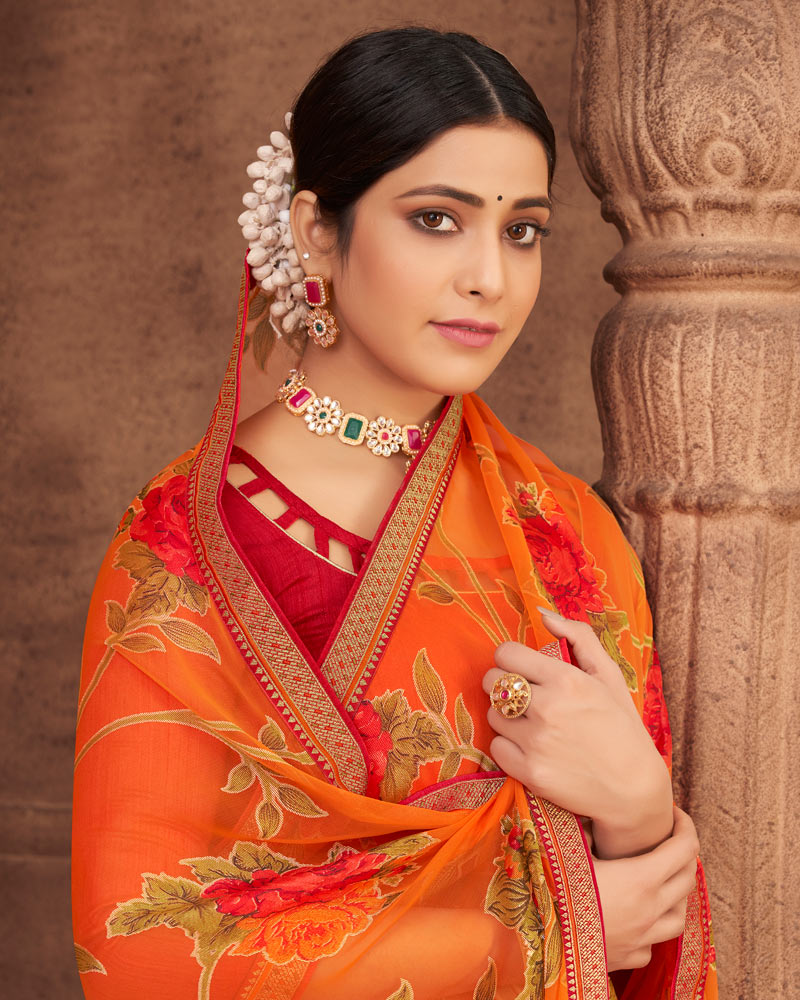 Vishal Prints Dark Orange Brasso Saree With Foil Print And Zari Border
