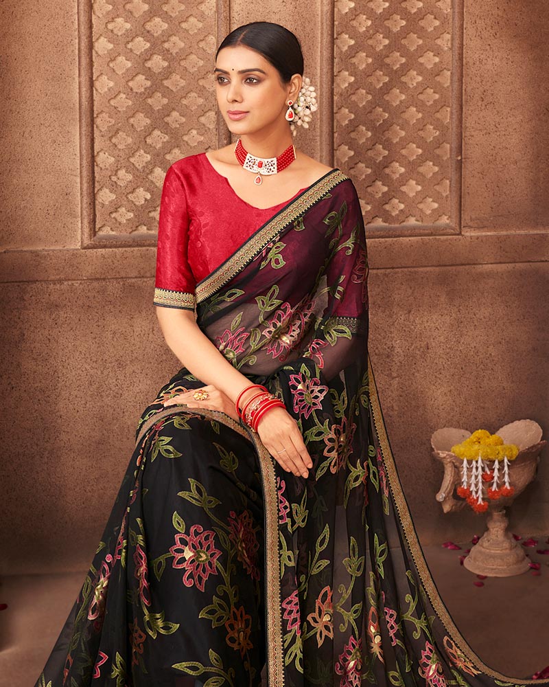 Vishal Prints Black Brasso Saree With Foil Print And Zari Border