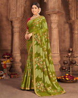 Vishal Prints Olive Green Brasso Saree With Foil Print And Zari Border