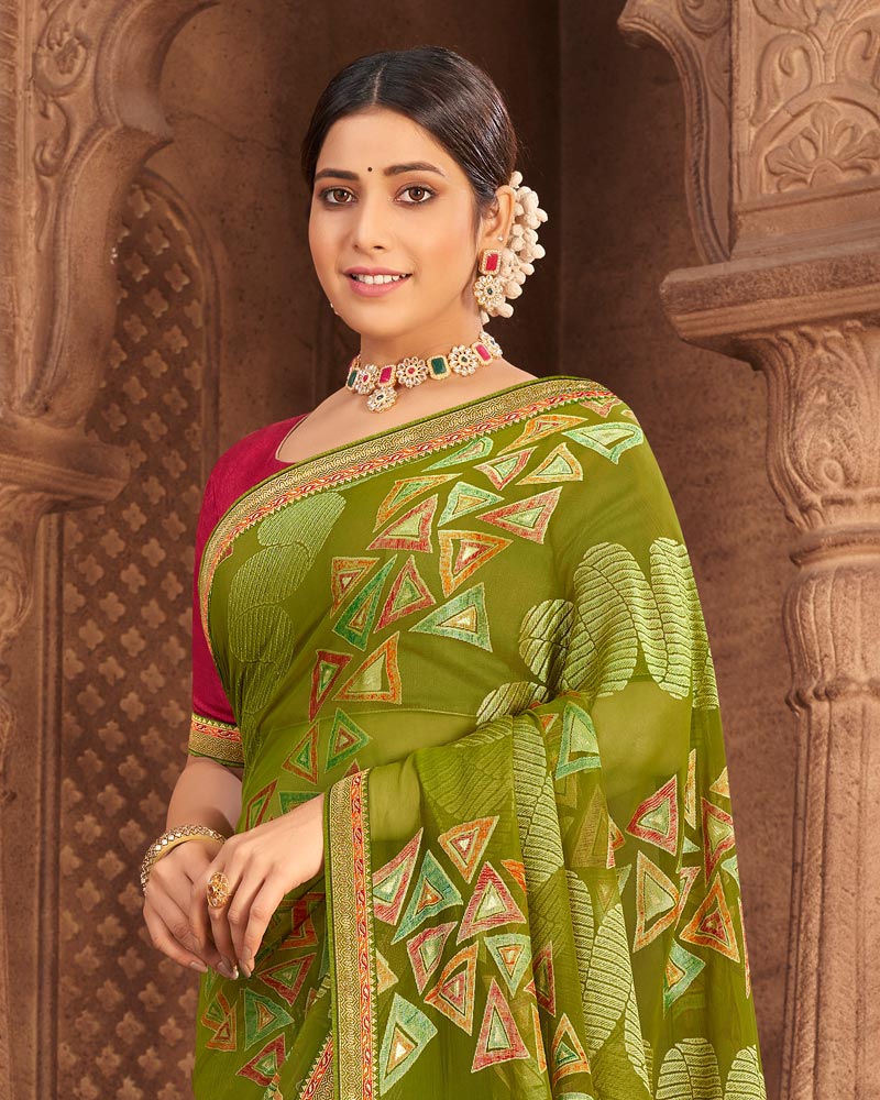 Vishal Prints Olive Green Brasso Saree With Foil Print And Zari Border