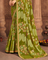 Vishal Prints Olive Green Brasso Saree With Foil Print And Zari Border