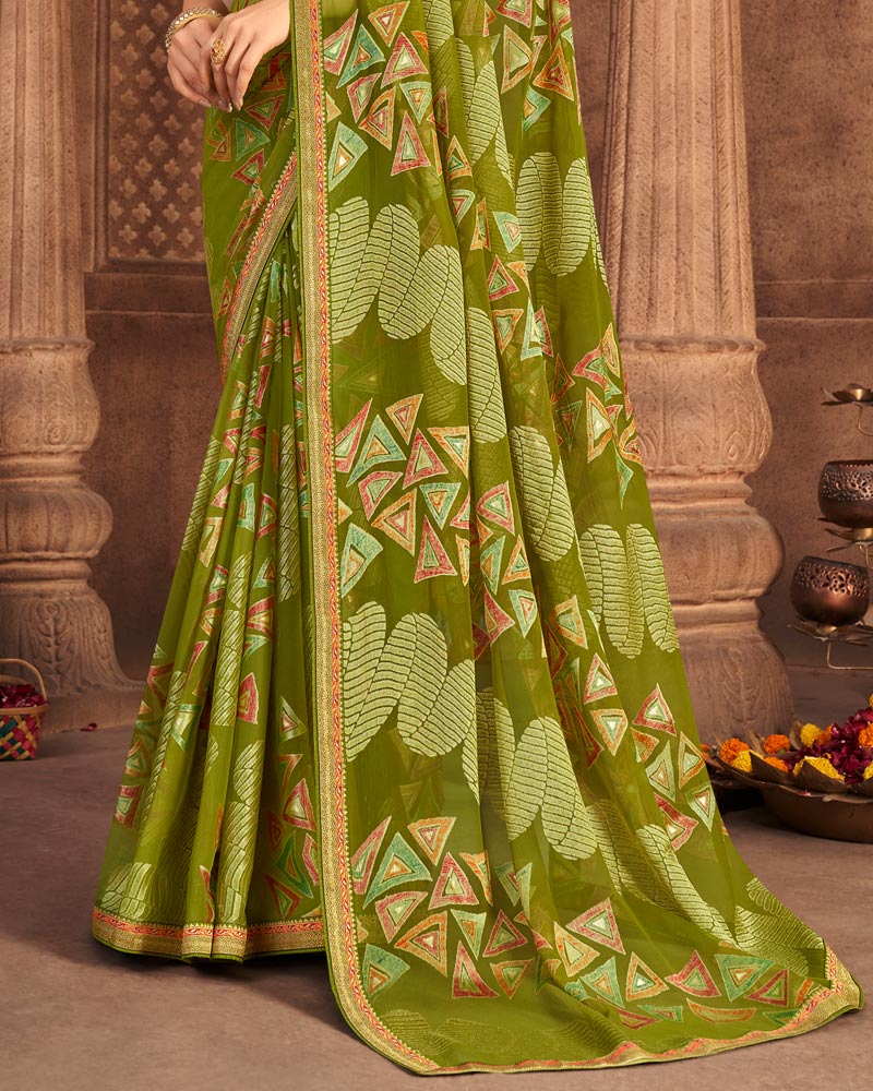 Vishal Prints Olive Green Brasso Saree With Foil Print And Zari Border