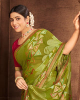 Vishal Prints Olive Green Brasso Saree With Foil Print And Zari Border