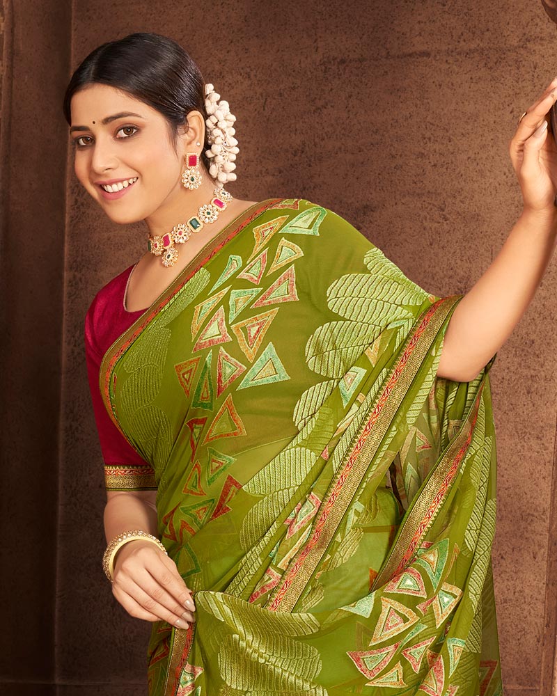 Vishal Prints Olive Green Brasso Saree With Foil Print And Zari Border
