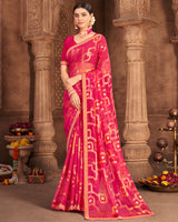 Vishal Prints Pinkish Red Brasso Saree With Foil Print And Zari Border