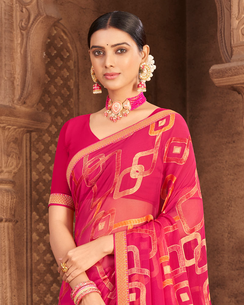 Vishal Prints Pinkish Red Brasso Saree With Foil Print And Zari Border