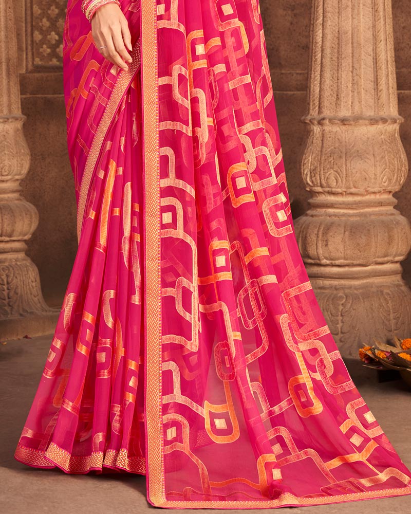 Vishal Prints Pinkish Red Brasso Saree With Foil Print And Zari Border