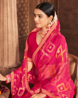 Vishal Prints Pinkish Red Brasso Saree With Foil Print And Zari Border