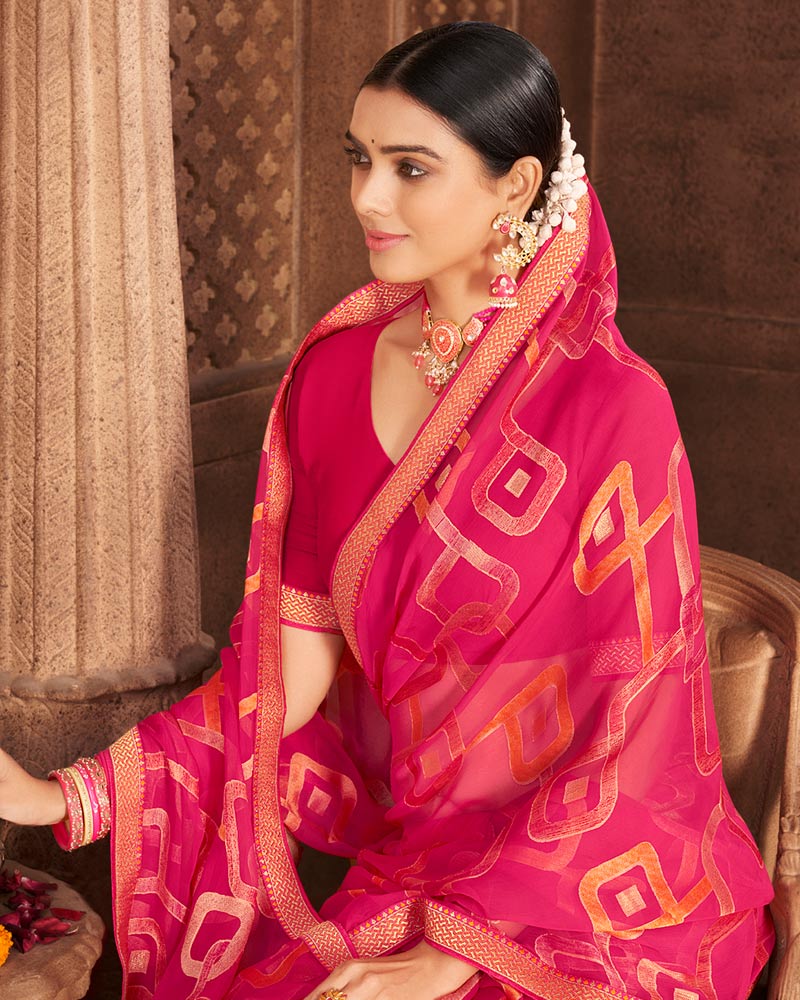 Vishal Prints Pinkish Red Brasso Saree With Foil Print And Zari Border