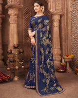 Vishal Prints Ink Blue Brasso Saree With Foil Print And Zari Border