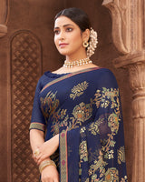 Vishal Prints Ink Blue Brasso Saree With Foil Print And Zari Border