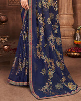 Vishal Prints Ink Blue Brasso Saree With Foil Print And Zari Border