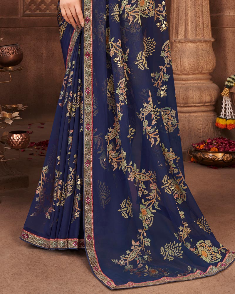 Vishal Prints Ink Blue Brasso Saree With Foil Print And Zari Border