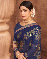 Vishal Prints Ink Blue Brasso Saree With Foil Print And Zari Border