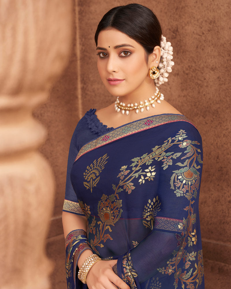 Vishal Prints Ink Blue Brasso Saree With Foil Print And Zari Border