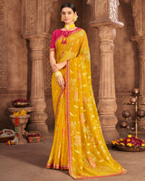 Vishal Prints Dark Yellow Brasso Saree With Foil Print And Zari Border