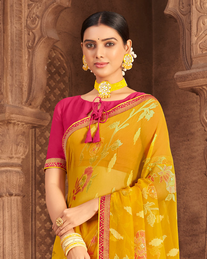 Vishal Prints Dark Yellow Brasso Saree With Foil Print And Zari Border