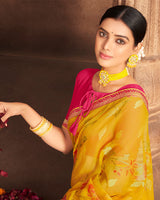 Vishal Prints Dark Yellow Brasso Saree With Foil Print And Zari Border