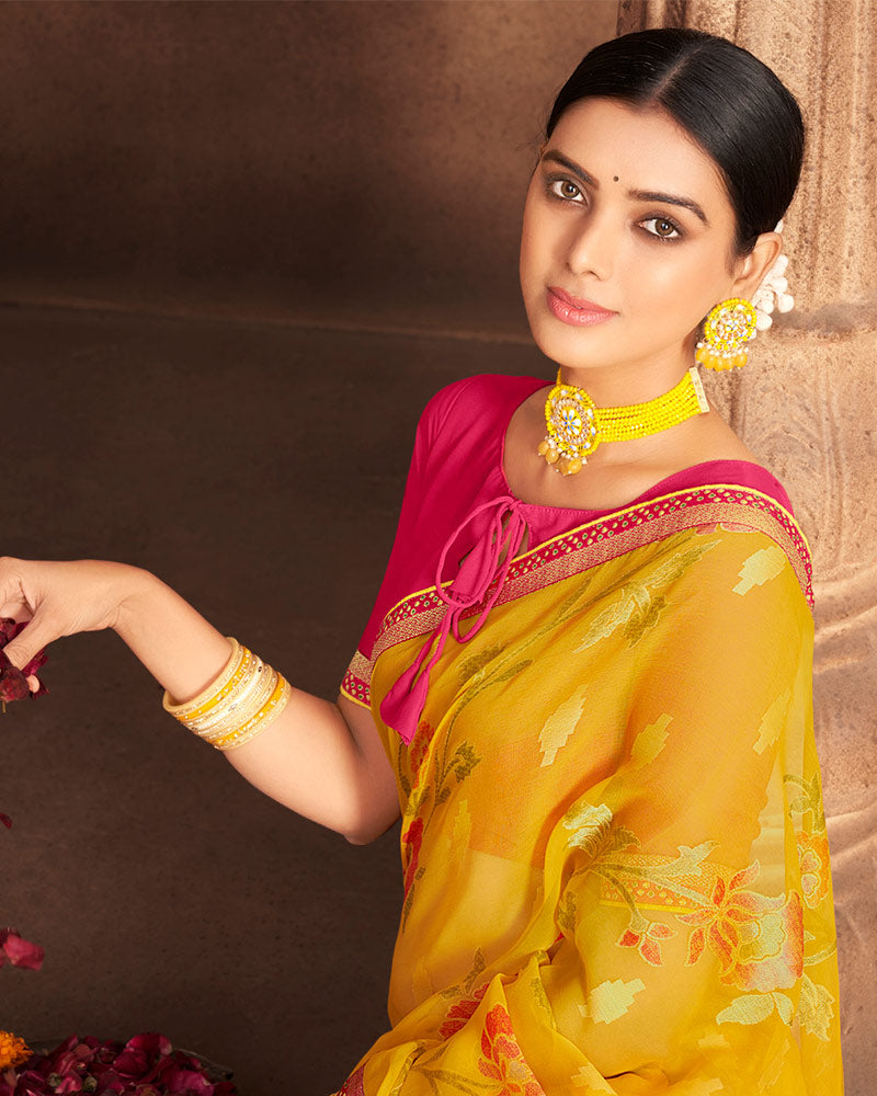 Vishal Prints Dark Yellow Brasso Saree With Foil Print And Zari Border