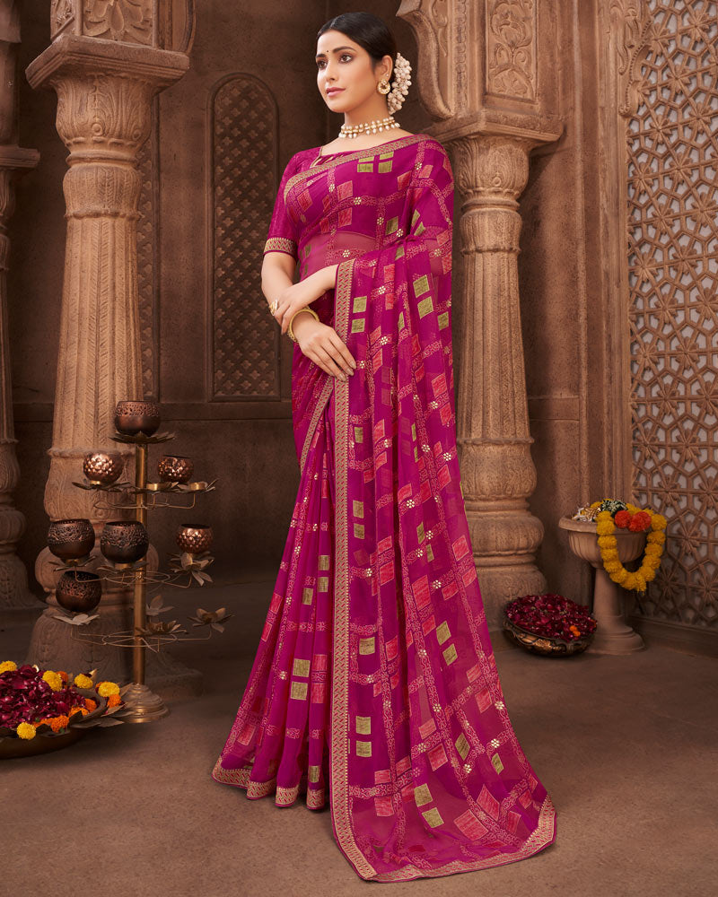 Vishal Prints Dark Fuchsia Brasso Saree With Foil Print And Zari Border
