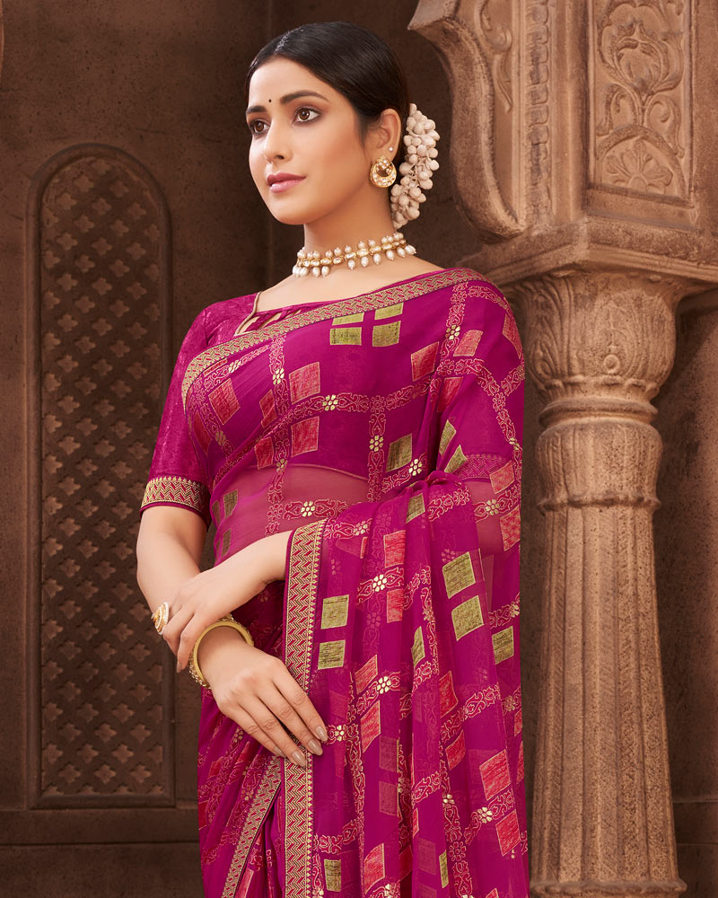 Vishal Prints Dark Fuchsia Brasso Saree With Foil Print And Zari Border