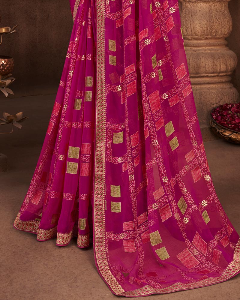 Vishal Prints Dark Fuchsia Brasso Saree With Foil Print And Zari Border