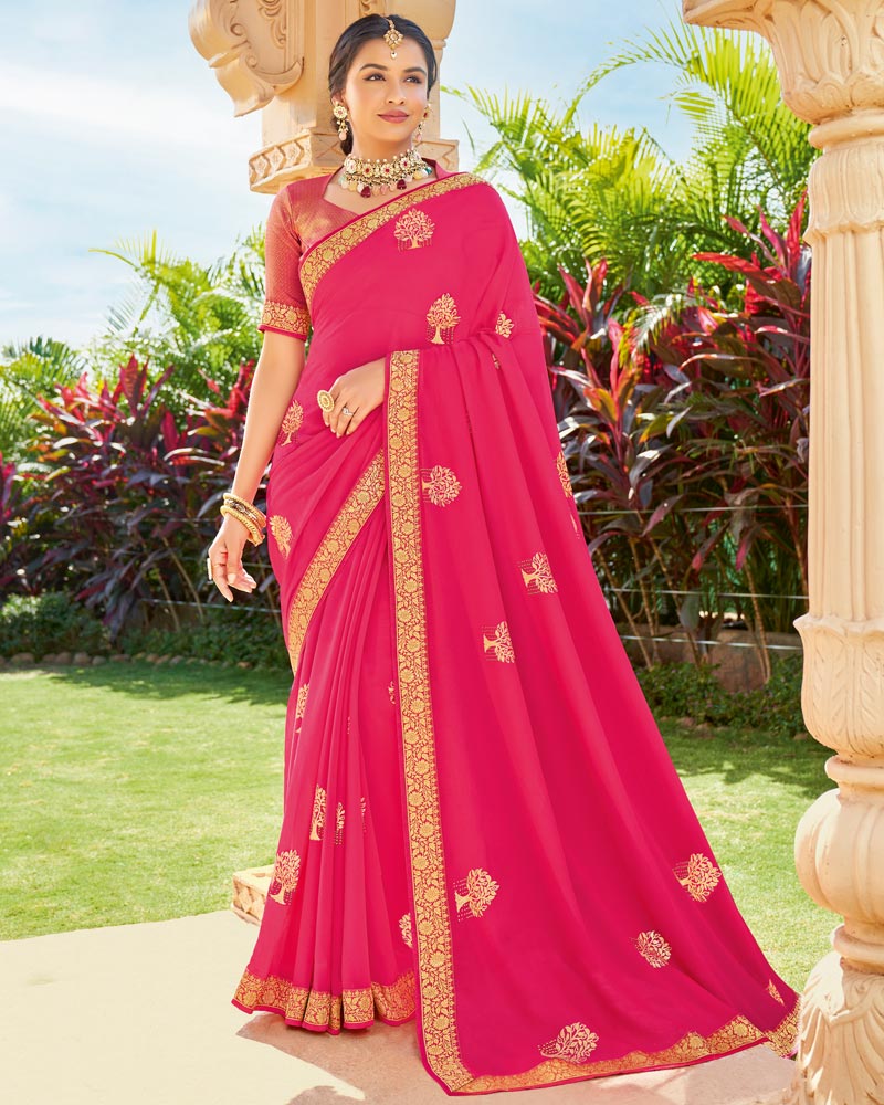 Vishal Prints Dark Pink Foil Print And Stone Work Georgette Saree With Zari Border