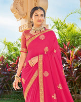 Vishal Prints Dark Pink Foil Print And Stone Work Georgette Saree With Zari Border