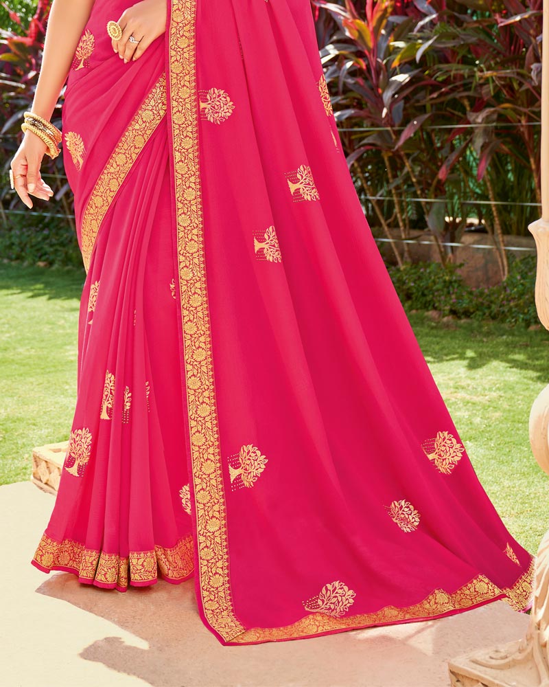 Vishal Prints Dark Pink Foil Print And Stone Work Georgette Saree With Zari Border
