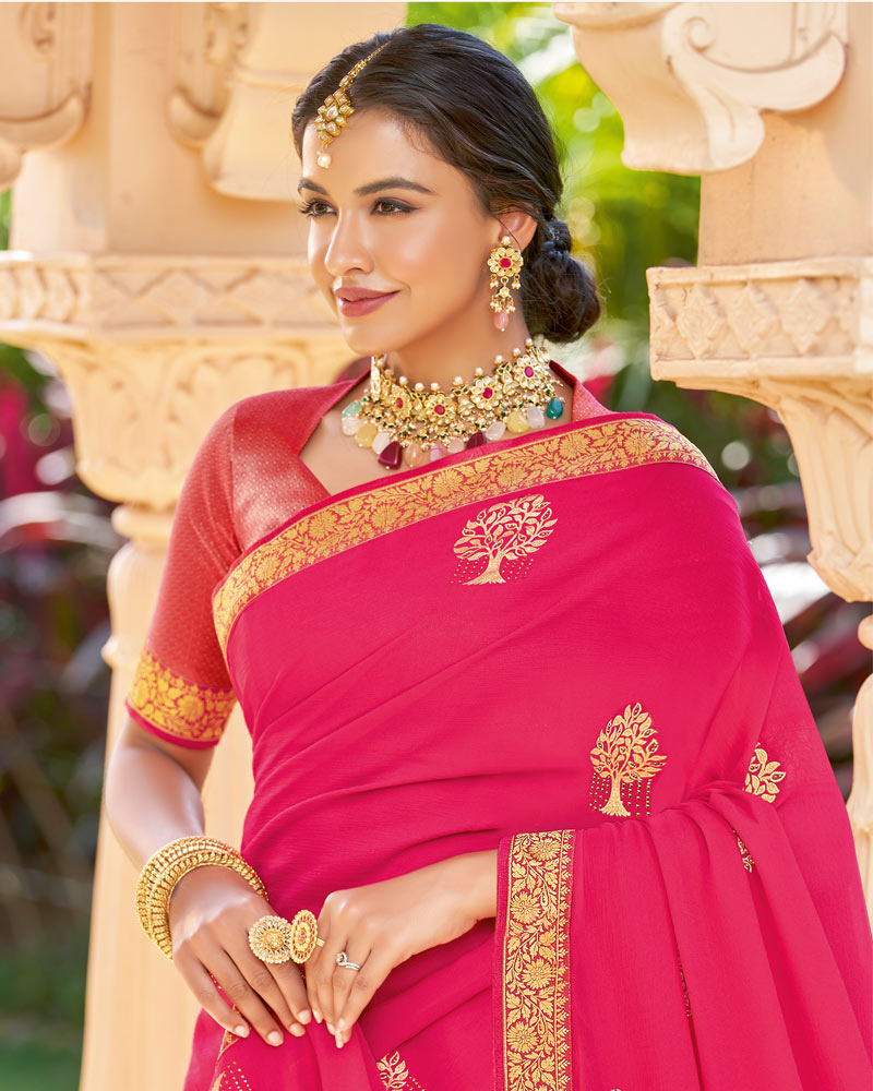 Vishal Prints Dark Pink Foil Print And Stone Work Georgette Saree With Zari Border