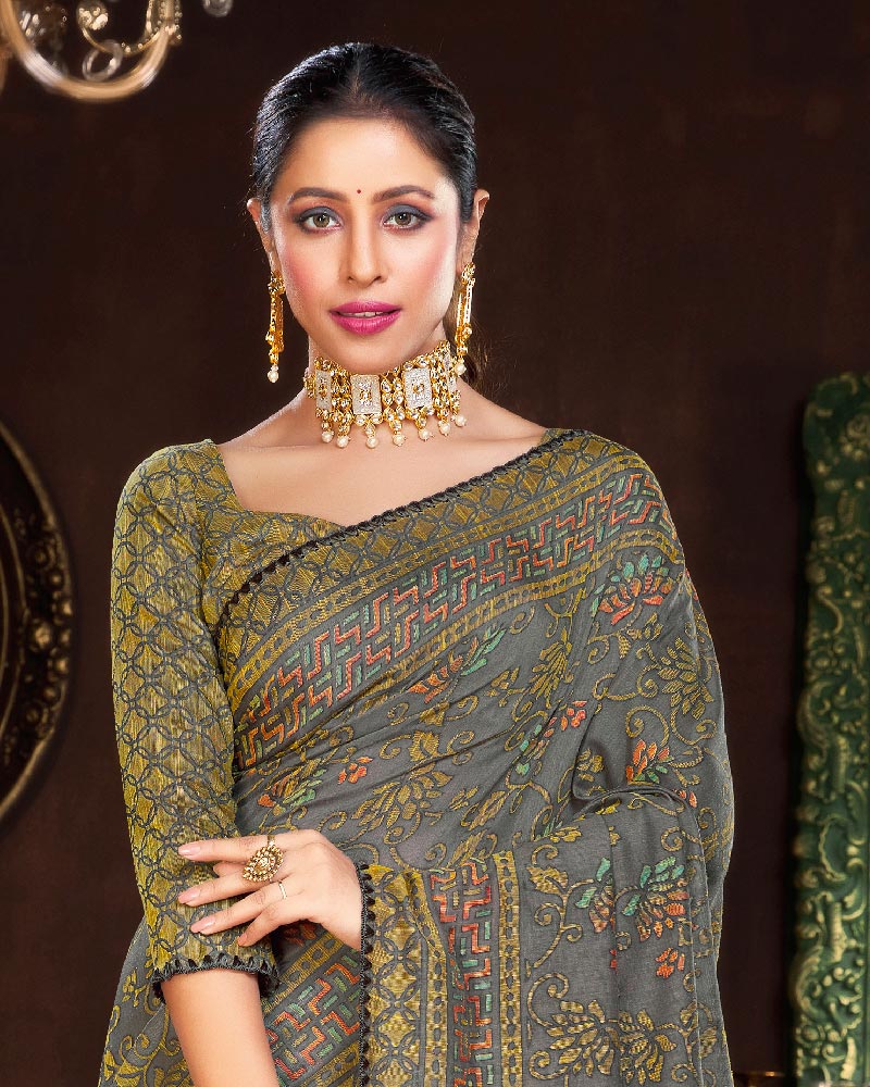 Vishal Prints Dove Grey Cotton Brasso Saree With Fancy Border