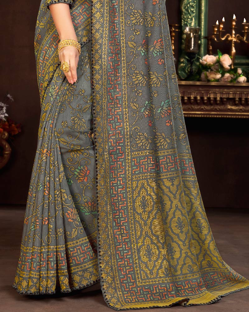 Vishal Prints Dove Grey Cotton Brasso Saree With Fancy Border