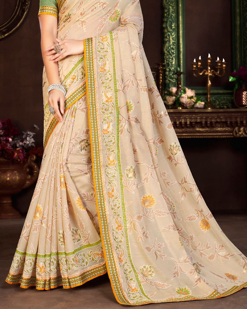 Vishal Prints Light Peach Cotton Brasso Saree With Fancy Border