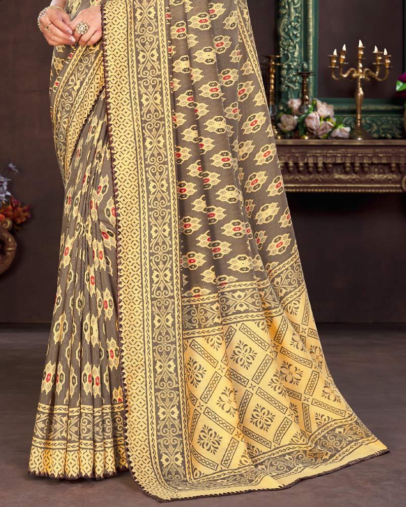 Vishal Prints Brown And Gold Cotton Brasso Saree With Fancy Border