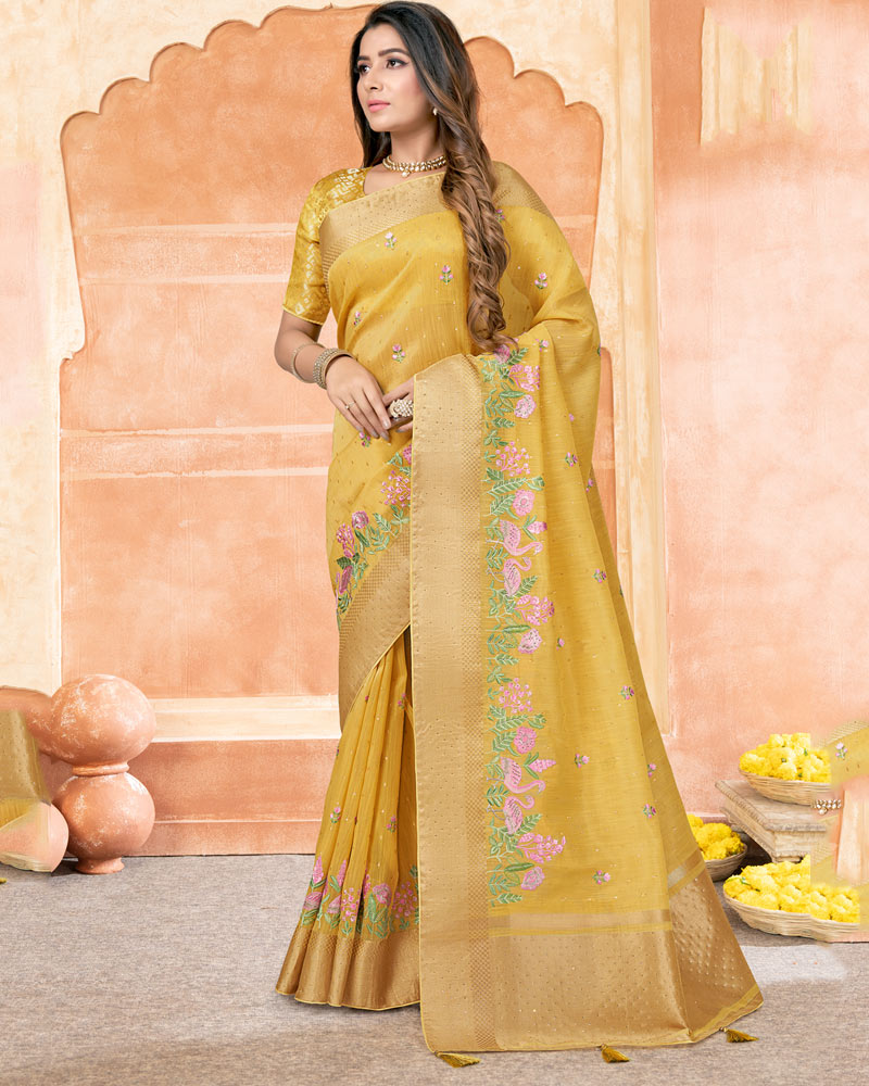 Vishal Prints Light Mustard Poly Cotton Saree With Embroidery-Diamond Work And Tassel