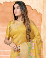 Vishal Prints Light Mustard Poly Cotton Saree With Embroidery-Diamond Work And Tassel