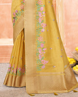 Vishal Prints Light Mustard Poly Cotton Saree With Embroidery-Diamond Work And Tassel